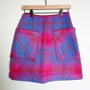 Anthropologie Maeve Red Fuchsia & Blue Fuzzy Plaid Mini Skirt